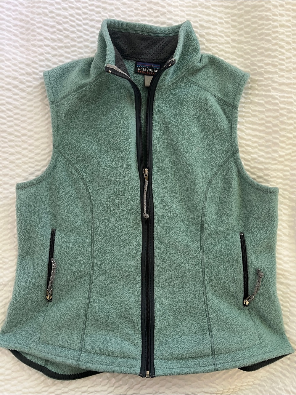 Patagonia Mint Green Fleece Vest with Black Trim